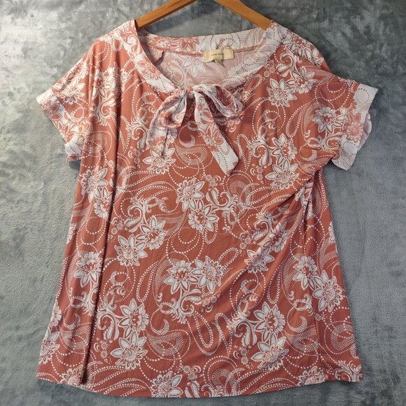 Diana Belle Womens XL Rust Red White Floral Bow Neck Blouse Boho Cottagecore - Picture 1 of 10